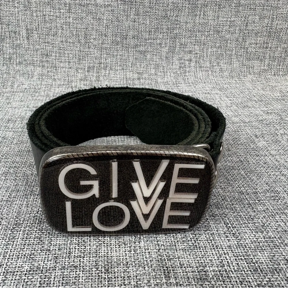 Booty Boutique‎ Vintage Black Leather Belt Give Love Belt Buckle Size XL Vintage
